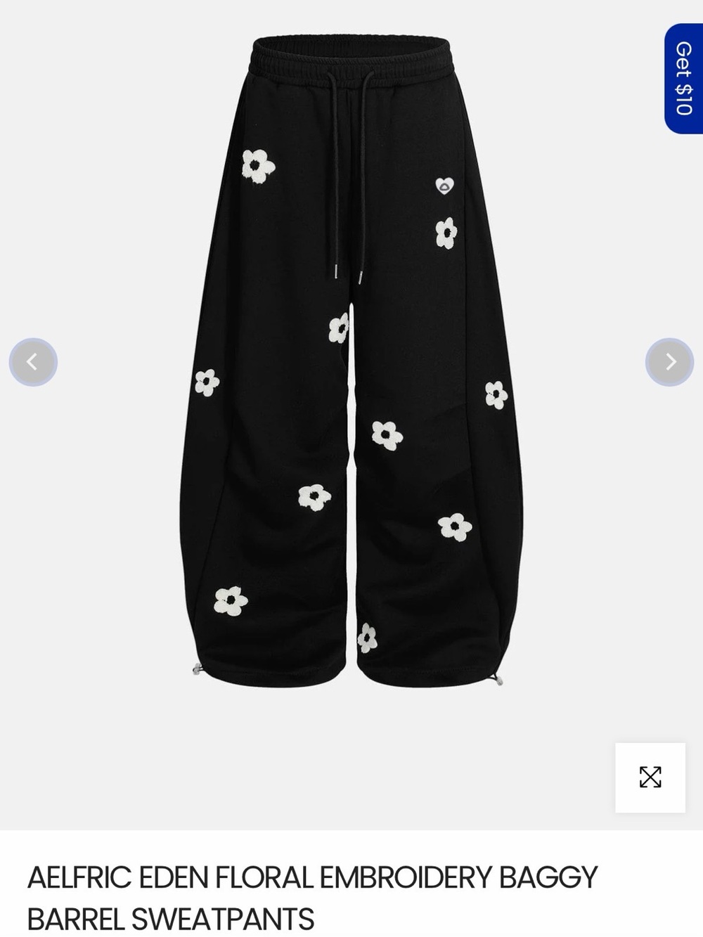 🖤NWT Streetwear Black Wide-Leg Barrel Sweatpants White Floral Appliqué 🖤